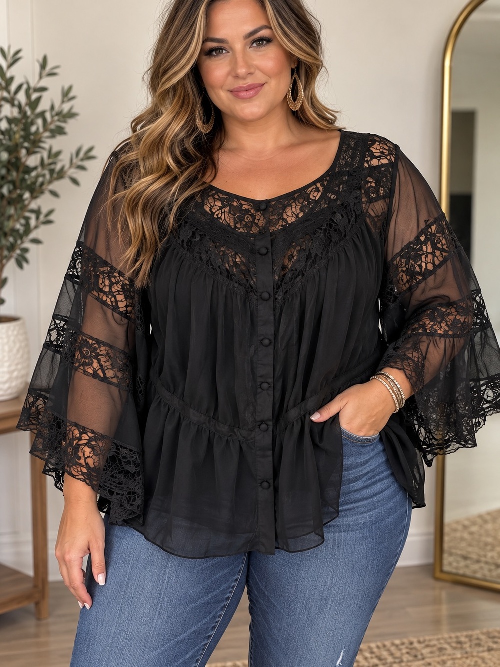 Lane Bryant Black Lace-Trim Sheer Button Blouse